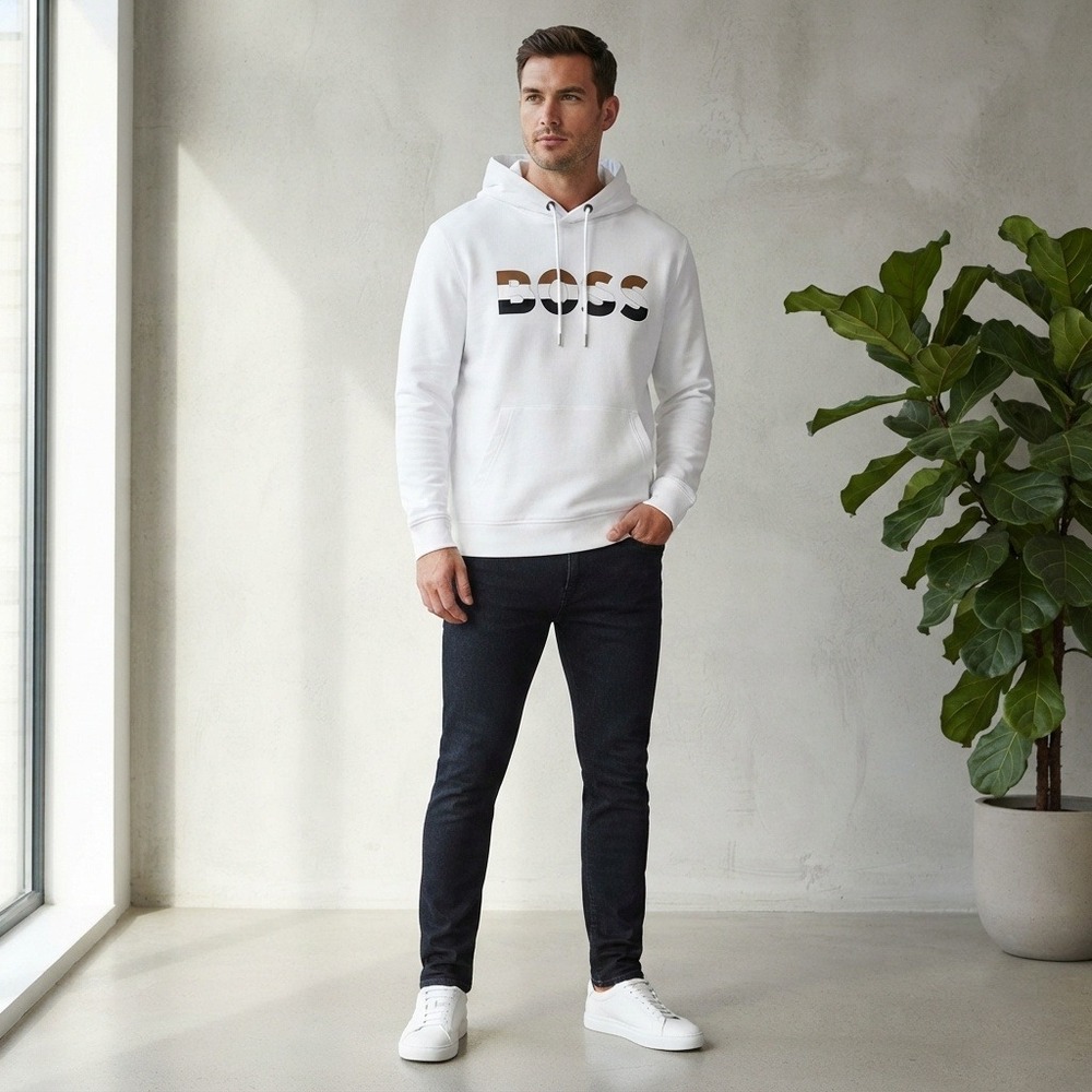 BOSS Hoodie Mens Medium White Excellent Oversized Logo Graphic Sweatshirt